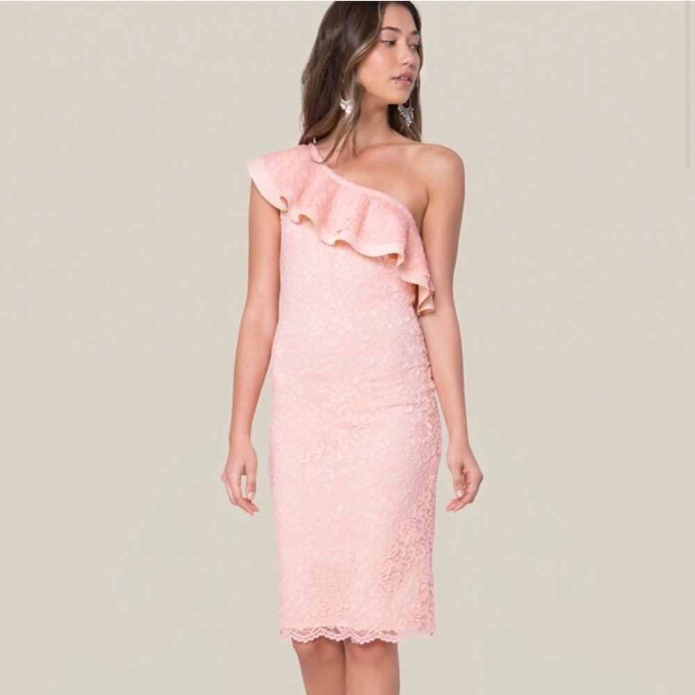 Bebe One Shoulder Ruffled Lace Bodycon Dress Pink Sz M